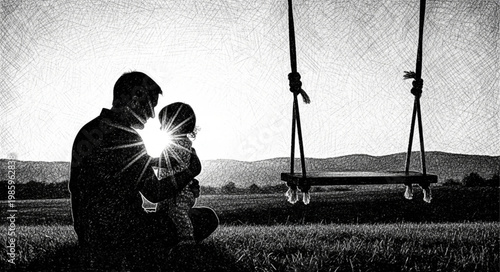 Silhouette of parent embracing child in hug.