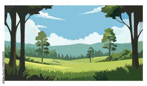 Green summer forest clearing landscape with trees hills birds vector illustration