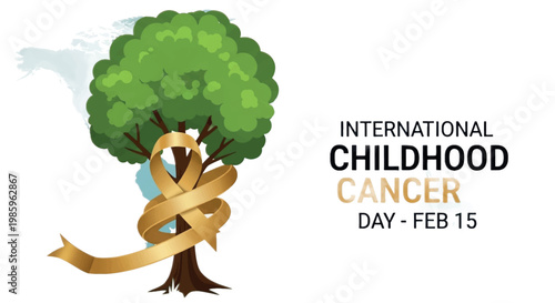International Childhood Cancer Day awareness ribbon, tree, green, yellow, vector icon