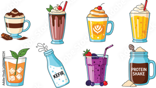 Drinks and Smoothie Icon Set with Tiramisu Coffee, Milkshake, Frappuccino, Iced Tea, Kefir, Berry Smoothie, and Protein Shake Elements for Cafe, Menu, and Health Designs