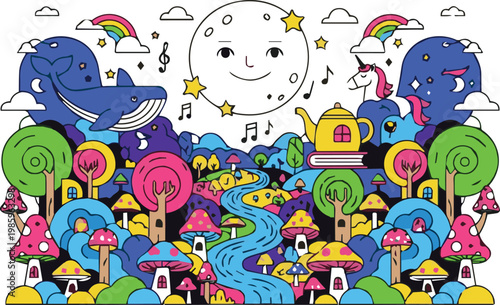 Whale swims under smiling moon with music notes in fantasy landscape with trees and mushrooms
