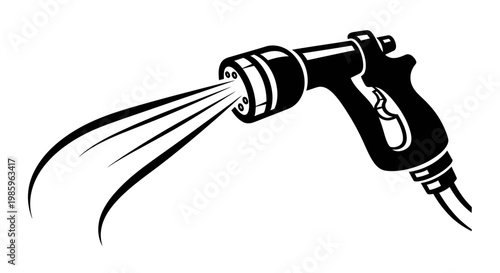 Black and white illustration of a garden hose nozzle spraying water stream with force on an isolated white background.