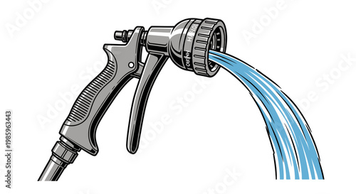 Detailed illustration of a garden hose nozzle with adjustable spray pattern actively releasing a stream of blue water on an isolated white background.