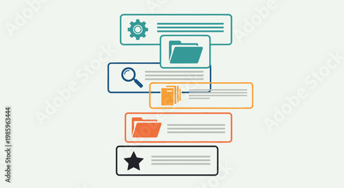 Digital file management system interface with folder icons, search bar, and documents in a bright studio background.