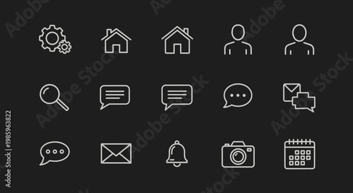 Set of Minimalist White Line Art UI UX and Social Media Icons on Black Background, Digital Interface Outline Symbols
