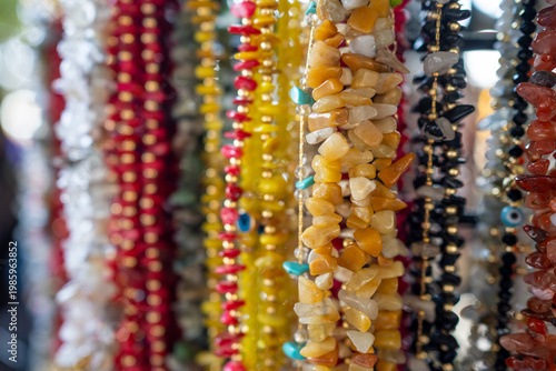 Colorful Handmade Beaded Necklaces Displayed at Local Market Close-Up