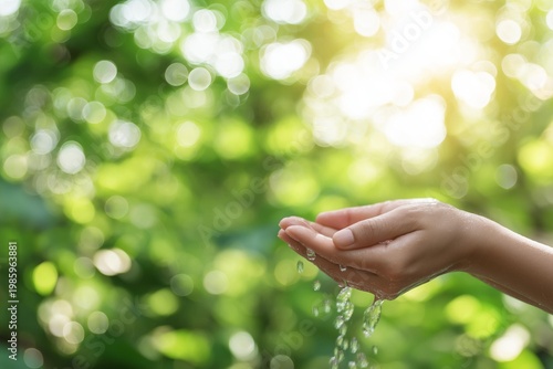 A hand catching sunlight and droplets, symbolizing the connection between nature and human awareness of water.