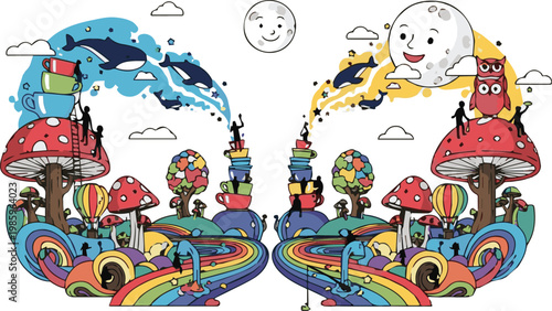 Fantasy creatures play on colorful mushroom slides in a whimsical landscape with rainbows and clouds.