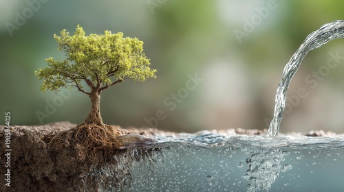 A miniature tree thriving beside a gentle stream, symbolizing nature's resilience and beauty in a serene setting.