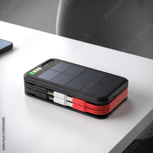 A modern solar-powered phone charger on a sleek desk, perfect for eco-conscious tech enthusiasts.