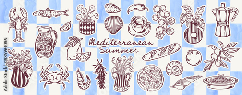 Blue Mediterranean summer illustration set with pasta, seafood, lemons, coffee pot, flowers and coastal motifs on white background. Elegant collection inspired by Italian cuisine and seaside life.