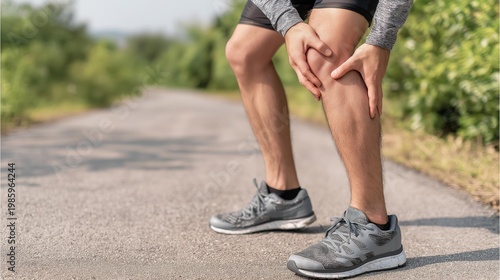 A runner experiencing knee pain while jogging on a scenic path, showcasing the importance of injury awareness.
