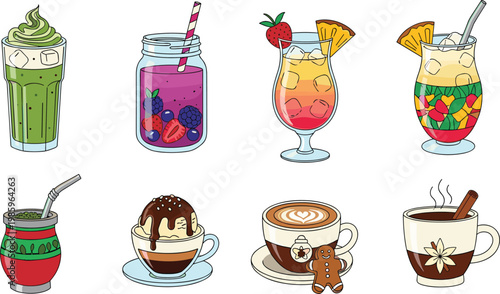 Exotic Drinks and Beverages Icon Set with Matcha, Berry Smoothie, Tropical Cocktail, Pina Colada, Mate, Ice Cream Coffee, Latte, and Cinnamon Tea Elements for Cafe and Menu Designs
