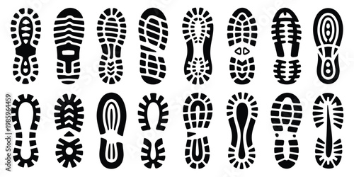 Set of black and white footprint icons for tracking, security, or environmental themes