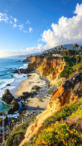 A scenic coastal cliffside with a sandy beach and blue ocean