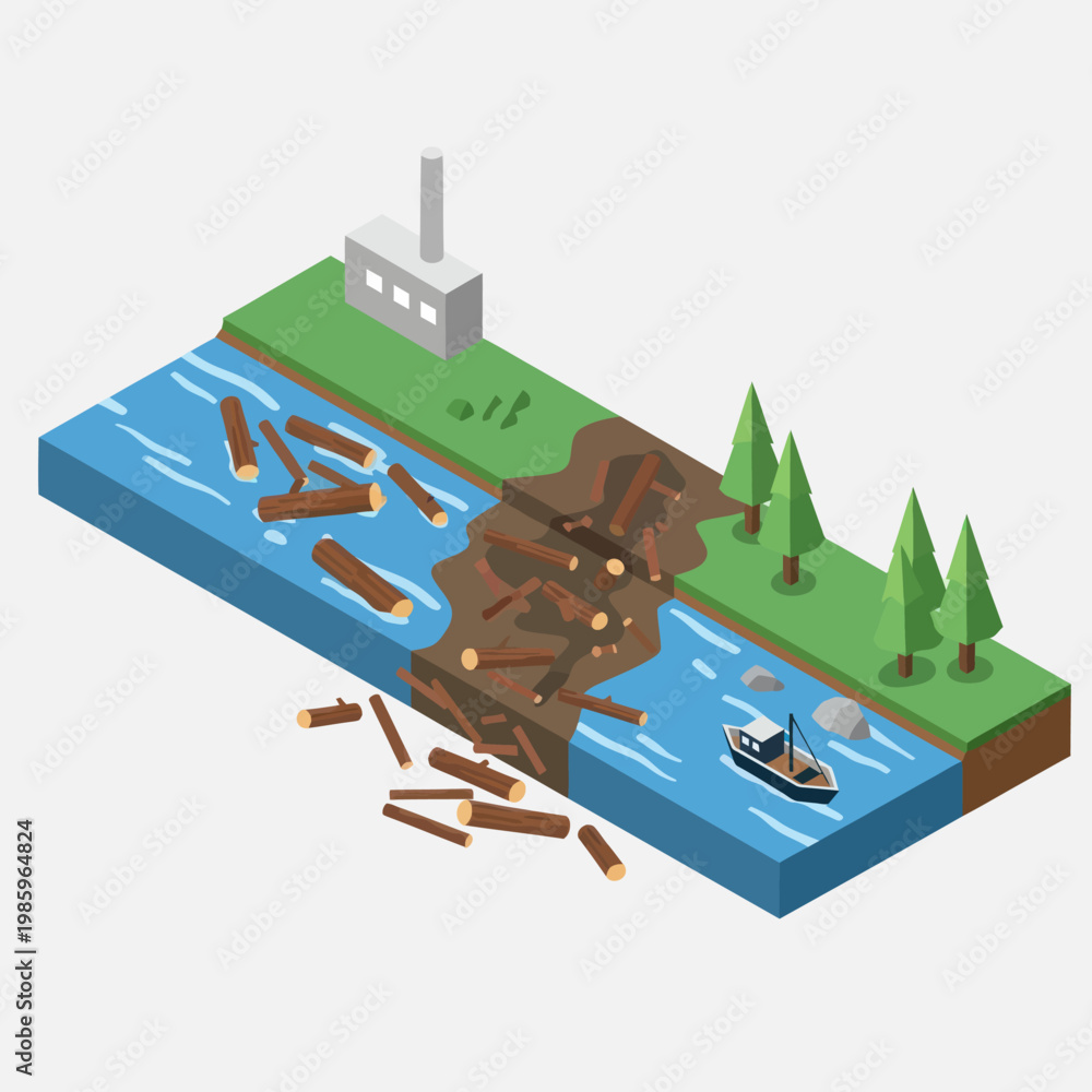 Naklejka premium Polluted River with Industrial Waste and Oil Spill.