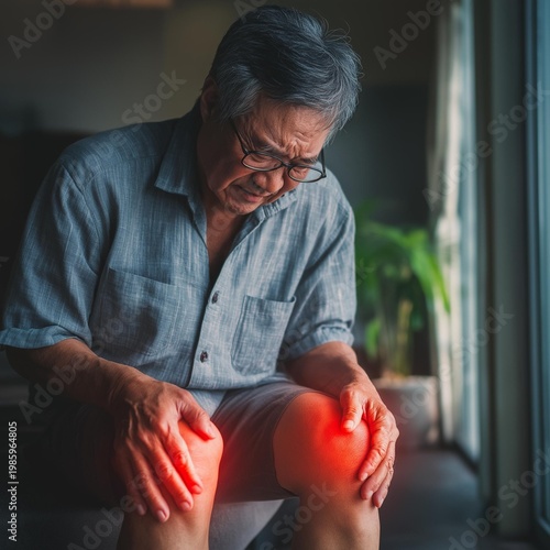 An elderly man experiences knee pain at home, highlighting challenges faced by seniors in daily life.