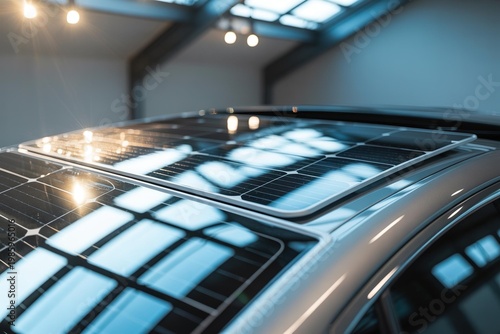 Close-up of a modern solar panel installed on a car roof, showcasing innovative sustainable energy.