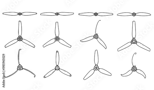 3 blade drone propeller vector set with technical top view design in clean minimal engineering style