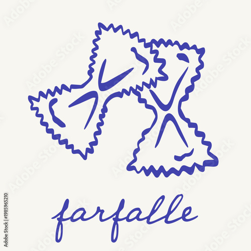 Blue farfalle pasta illustration with bow tie noodles and handwritten lettering on a light background. Italian food motif featuring classic uncooked pasta in a clean retro style.