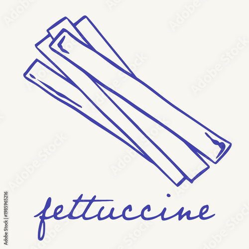 Blue fettuccine pasta illustration with folded ribbon noodles and handwritten lettering on a light background. Italian food motif featuring classic uncooked pasta in a clean retro style.