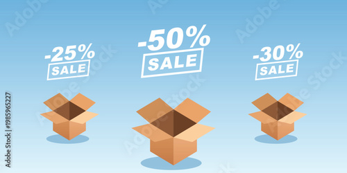 E-commerce Sale Concept Featuring Three Open Cardboard Boxes and Floating Discount Labels with Twenty Five Fifty and Thirty Percent Offers