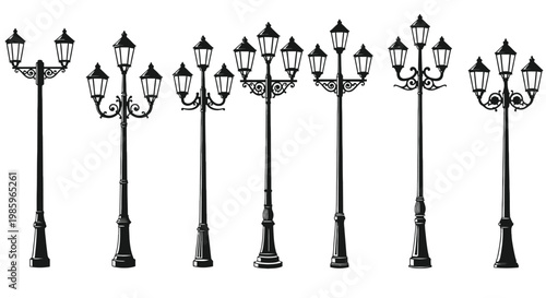 Vintage street lamps collection a black and white ornamental design