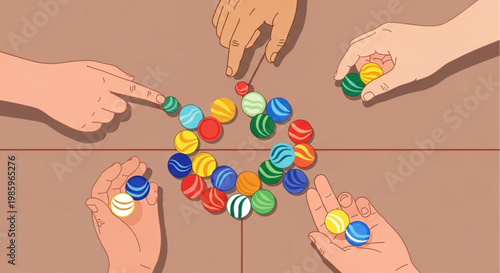 Group of People Playing Traditional Marbles Game Illustration