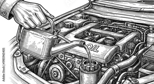 Manual Motor Oil Pouring Into Car Engine Bay.