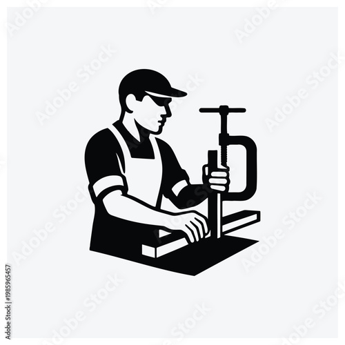 Minimal silhouette illustration of a carpenter or worker using a drill press.