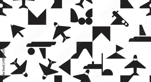 Abstract composition of airplane silhouettes in contrasting black and white