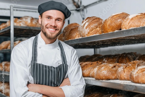 Smiling baker proudly stands in bakery with freshly baked loaves on shelves, showcasing skill and passion for baking.
