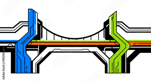 Abstract illustration of a bridge with geometric lines and vibrant colors