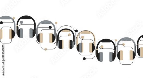 Abstract illustration of several stylized headphones in a row on white backdrop