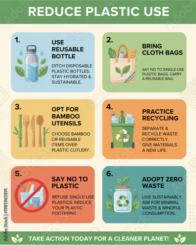 Reduce Plastic Use Poster with Reusable Bottle Cloth Bag Bamboo Utensils Recycling Zero Waste Eco Lifestyle Infographic Vector Illustration
