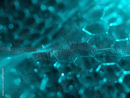 Abstract teal hexagonal grid with glowing biometric waves and bokeh effect