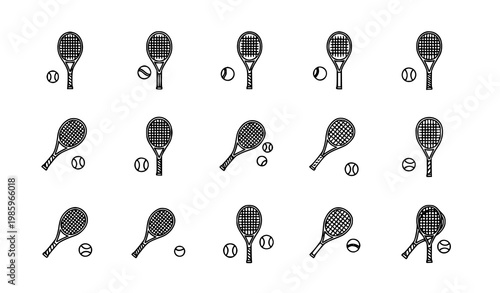 Tennis rackets and ball icons vector set in minimal clean outline style for sports design