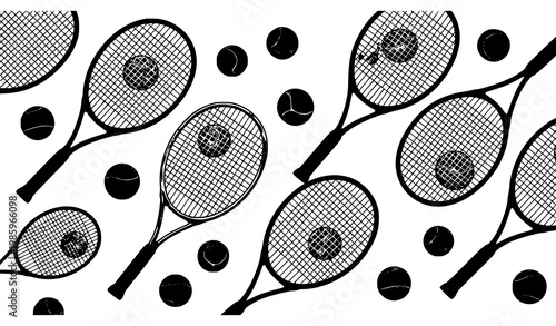 Dynamic tennis rackets and balls vector set with modern scattered layout in bold sports design style