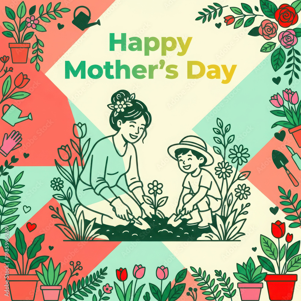 Fototapeta premium Mother and child planting flowers together in a garden, happy mother's day