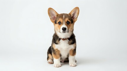 Adorable tricolor Corgi puppy sitting on white background, cute dog with perked ears and alert expression for pet photography and design projects.