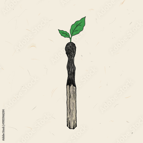 A textured, hand-drawn illustration of a burnt-out wooden matchstick with a vibrant green sprout growing from its charred head