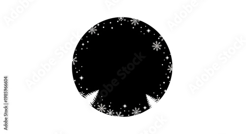 Abstract winter scene black circle with snowflakes and decorative elements