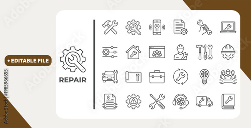 Repair line icon set. Editable Stroke. Maintenance, wrench, fixing, service, tools, repairman, engineer, troubleshoot - stock vector. 