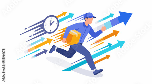 Delivery man runs with parcel enjoying Free Shipping service fast