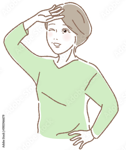 日差しを遮る中高年女性のベクターイラスト。熱中症と紫外線対策 / Vector illustration of a middle-aged woman shielding her eyes from the sun. Heatstroke and UV protection.