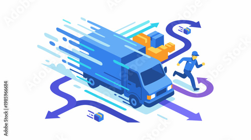 Delivery truck with Free Shipping offer on fast moving road with a person