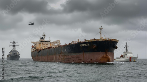 Interception of shadow fleet oil tanker in international waters. Naval destroyer and coast guard vessel conducting maritime enforcement operation.