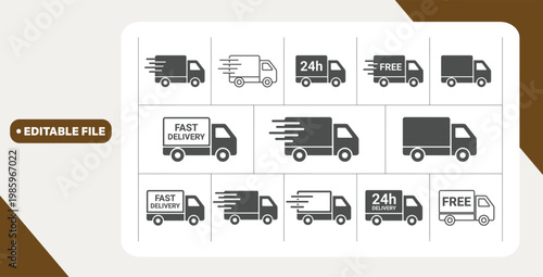 Fast delivery icon set. Free shipping, express delivery, 24 hours, fast van. Truck symbol on white background - stock vector. 