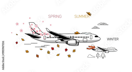 Airplane illustration showcasing seasonal changes with floral and weather elements