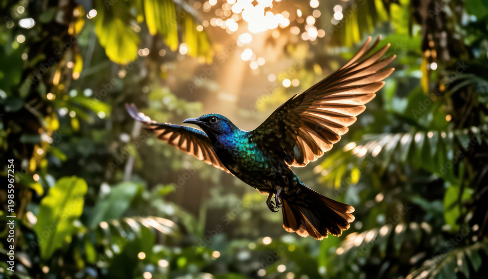 Obraz premium A hummingbird is flying through a lush jungle. Sunlight shines on the iridescent feathers of the hummingbird as it flits between vibrant leaves.